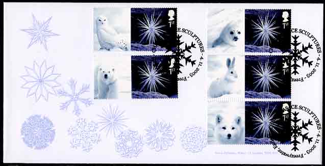 Norvic Philatelics' limited edition first day cover for the Andy Goldsworthy Ice Sculptures stamps, showing a selection of snowflakes with 5x1st class Smilers stamps