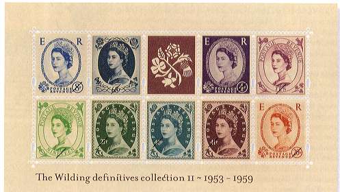 2nd miniature sheet of 9 Wilding stamps and 'national emblems' label