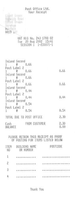 post office receipt incorporating certificate of posting for 4 items