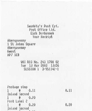 post office receipt from Abergavenny showing lines 1 & 3 in Welsh