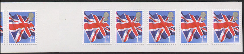 coil strip of Union Flag stamps showing extra wide space.