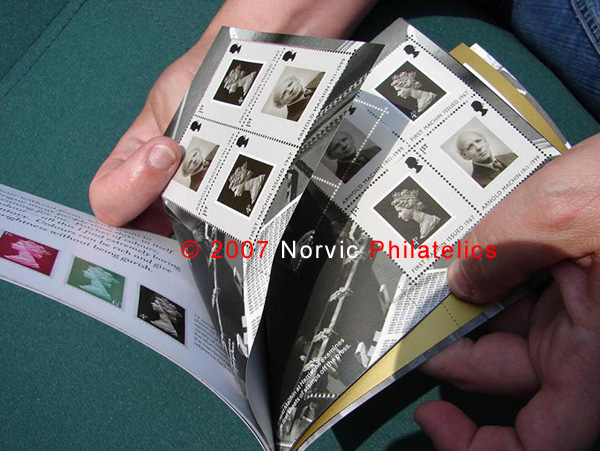 photograph showing Machin Anniversary prestige stamp book with pane 3 duplicated.