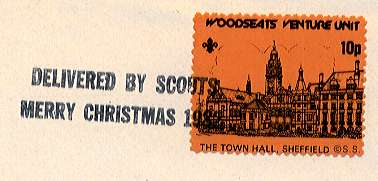 Single 1982 Sheffield Scout Post stamp with straight-line cancel.