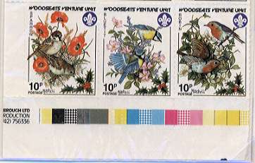 mint corner block of 1986 Sheffield Scout stamps (wild birds) showing part of the printer's imprint