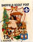 Sheffield Scout Stamp 1992 Teddy bear and doll in rocking chair.