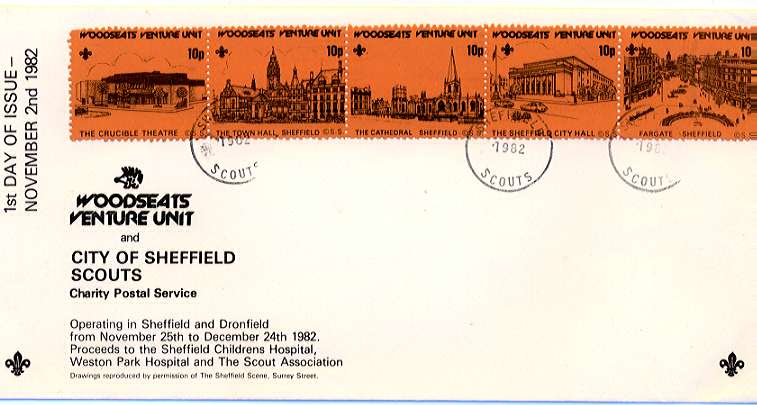 First Day cover of Sheffield Scout Post - Woodseats Venture Unit for 1982.