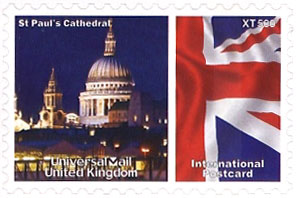 UniversalMail UK Postcard stamp Oct 2008: St Paul's Cathedral at night.