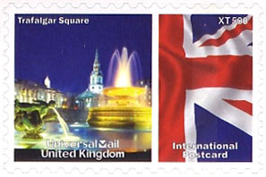 UniversalMail UK Postcard stamp Oct 2008: Trafalgar Square at night.