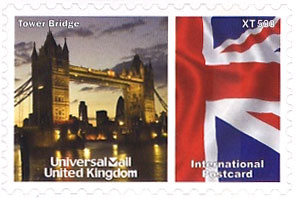 UniversalMail UK Postcard stamp Oct 2008: Tower Bridge at night.