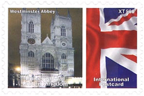 UniversalMail UK Postcard stamp Oct 2008: Westminster Abbey at night.