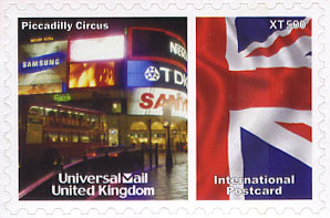 UniversalMail UK Postcard stamp Oct 2008: Picadilly Circus (night).