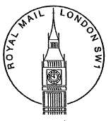 London SW1 permanent postmark showing Big Ben clock tower of parliament.
